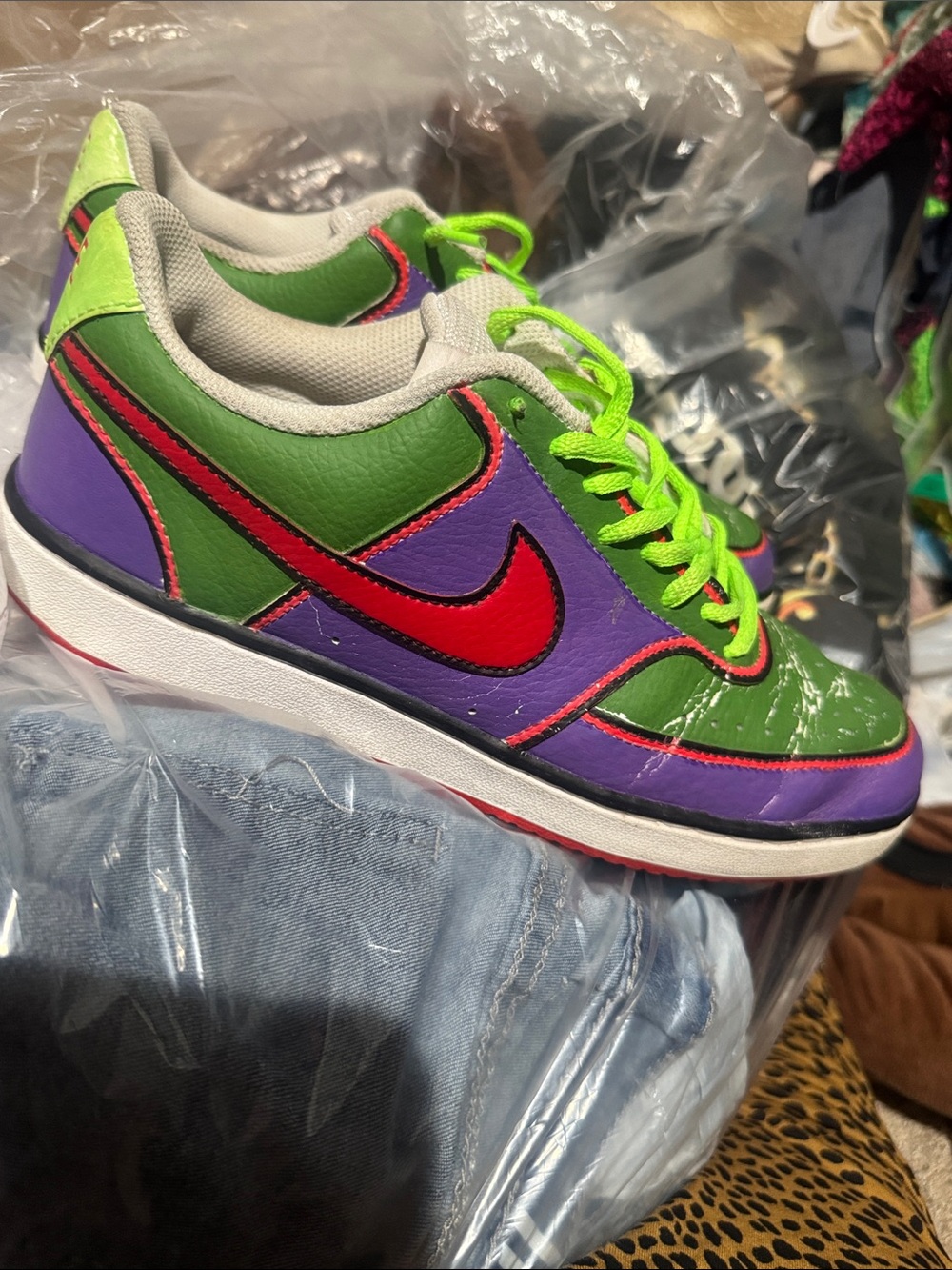 Nike custom green & Purple Sneakers with Red Swoosh